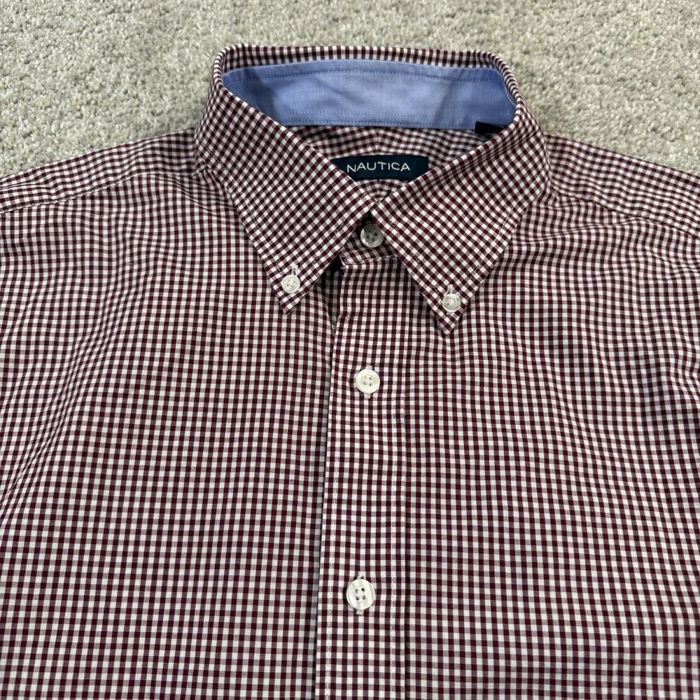 Nautica Button Down Shirt L 16.5 32/33 Gingham Red Cotton Classic Fit Casual‎